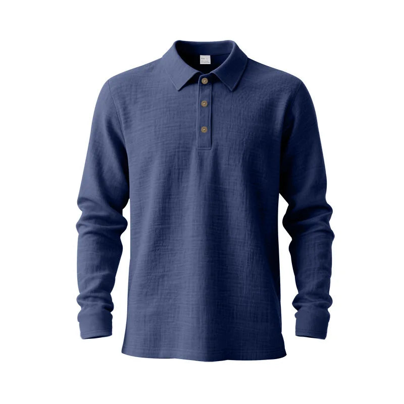 Linen shirt stand-up collar button-down men's loose casual breathable V-neck long-sleeved polo shirt