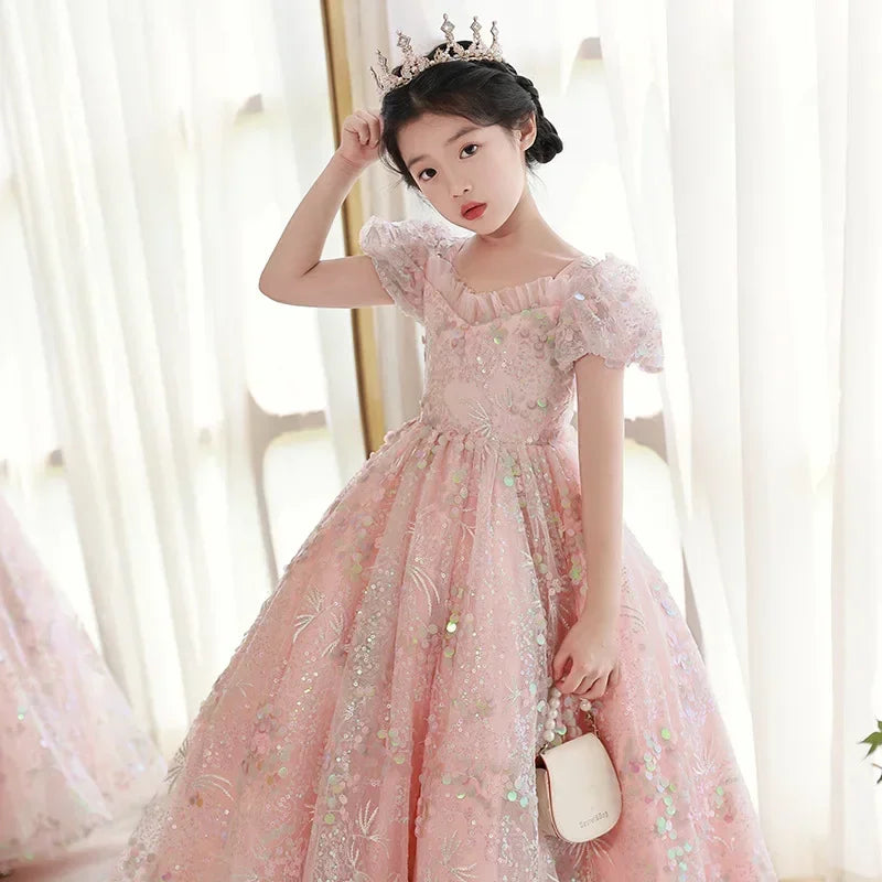 Vestidos de noite infantis bordados de renda, longos vestidos de princesa, vestidos formais elegantes para meninas, vestidos de formatura 3-15 anos, roupas para festa de aniversário