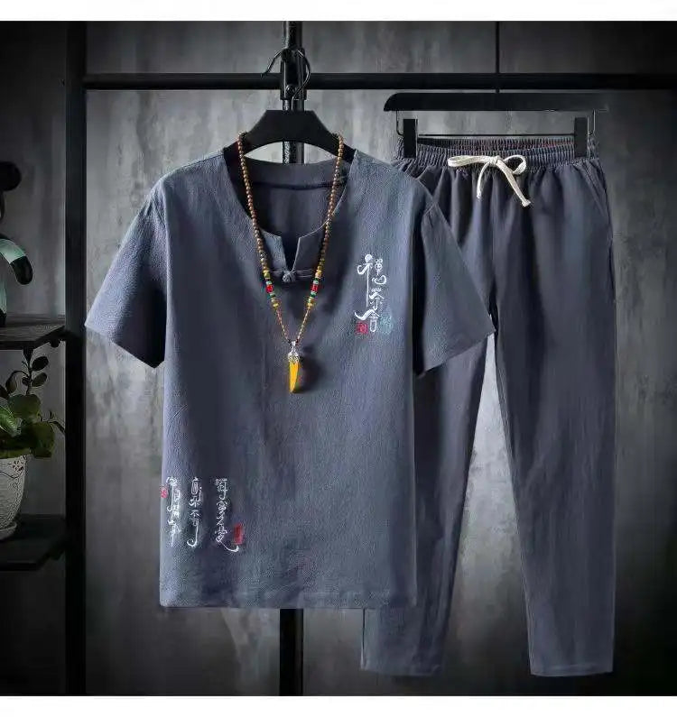(Shirt + trousers)2025 summer Chinese Style men shirt Cotton and linen shirts men's High quality casual shirts Two Piece M-5XL