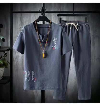 (Shirt + trousers)2025 summer Chinese Style men shirt Cotton and linen shirts men's High quality casual shirts Two Piece M-5XL
