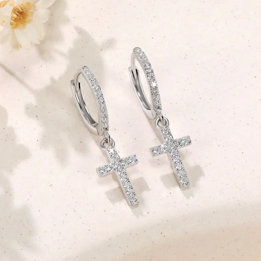 Full Moissanite Earrings for Men/Women Cross Drop 925 Sterling Silver Hoop Earrings D Color VVS1 Hip Hop Couple Jewelry