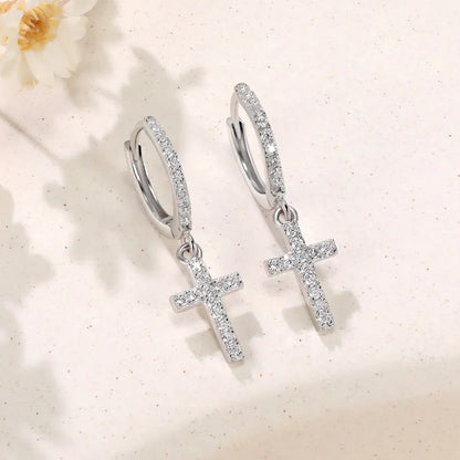 Full Moissanite Earrings for Men/Women Cross Drop 925 Sterling Silver Hoop Earrings D Color VVS1 Hip Hop Couple Jewelry