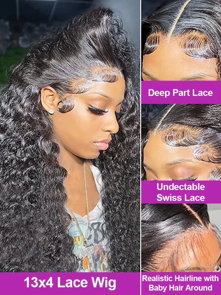 40 46 Inch Deep Wave Lace Frontal Wig 13x4 13x6 Hd Transparent Curly Human Hair Lace Front Wigs For Black Women Water Wave Lace Wigs Pre Plucked Baby Hair 300 High Density Brazilian Human Hair
