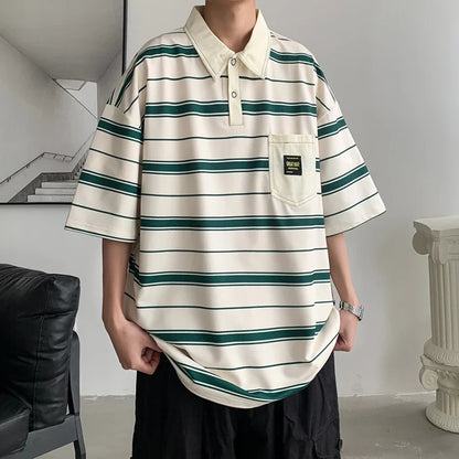 2024 New Summer Men POLO Shirt Trend Loose Clothing Students Short-sleeved T Shirt Tops Round Neck Five-quarter Sleeve Harajuku