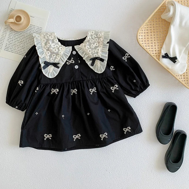 Outono 0-6 anos Vestido de Princesa para Meninas Roupas de Bebê Menina Gola Borboleta Roupas de Bebê Menina Peça Única Vestido Infantil Bordado