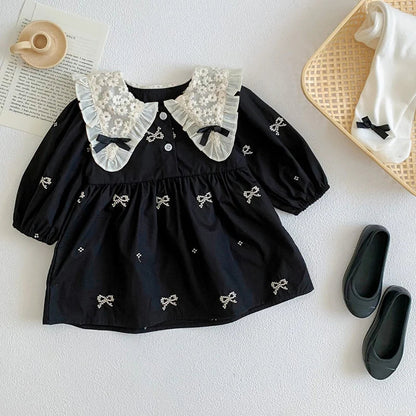 Outono 0-6 anos Vestido de Princesa para Meninas Roupas de Bebê Menina Gola Borboleta Roupas de Bebê Menina Peça Única Vestido Infantil Bordado
