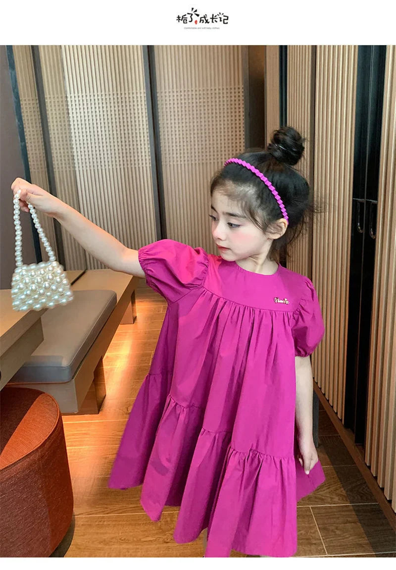 New Girls Princess Dress 2026 Summer Children Loose Sweet Rose Red Dress Kids Short Sleeve Patchwork Dress 2-8 Years