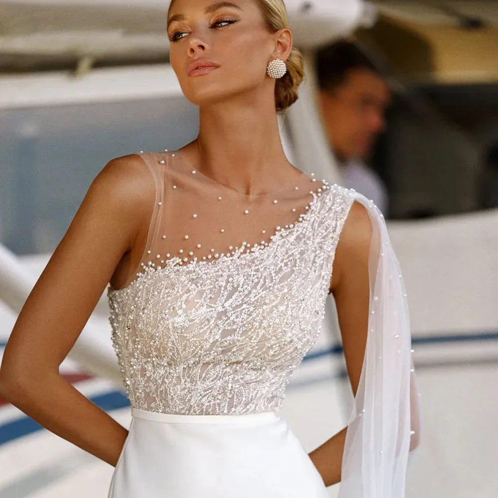Bright Chiffon Women Wedding Dresses Lace Printing Bridal Gowns Sexy Sleeveless Vestidos Elegante Blanco Novia Civil Customized