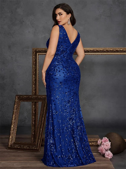 Plus Size Elegant V-back Slit Sequins Formal Evening Dresses 2026 Luxury Mermaid V-neck Cocktail Wedding Party Gowns