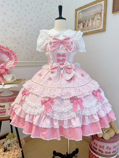 New 2025 Summer Original Sweet Lolita Jsk Dress Cute Bow Lace Stitching Kawaii Girls Women Elegant Slim Suspender Dresses