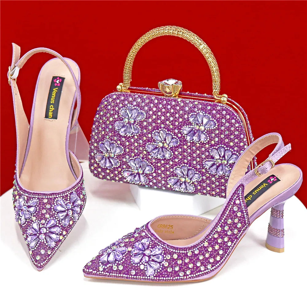 Nigerian Heel Party for Women Pink Color Shoes and Bag Set Rhinestone Handbag Italian Design Wedding INS 2025