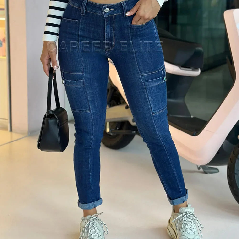Calça Cargo Y2K Feminina Streetwear Jeans Que Emagrece Calça Jeans Feminina Casual Cintura Baixa Calça Azul Elástica Tamanho Grande Todas as Estações