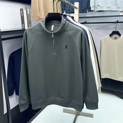 Half zip hoodie men's long sleeved t-shirt autumn plus size middle-aged and young embroidered pony logo collar polo shirt top