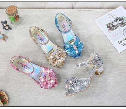 Children Princess Sandals Kids Girls Wedding Shoes High Heels Dress Shoes Bowtie Purple Pink Blue Silver Shoes For Girls