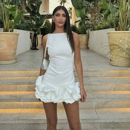 White Short Dress Women's Ruffle Backless Party Dresses Black Red Sleeveless Bodycon Mini Dress Woman Summer Sexy Vestidos
