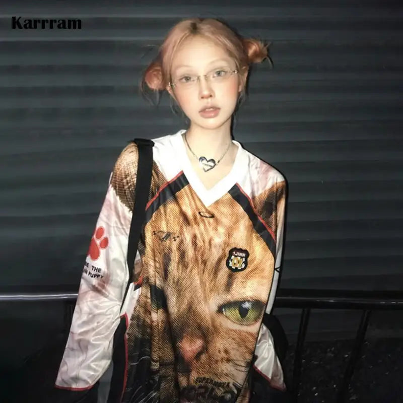 Japanese Y2k Kitten Print Jersey T-shirt Vintage Harajuku V-neck Long Sleeve Cat Tops American Retro Streetwear 2000s
