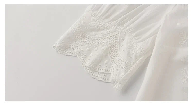 2026 Summer Embroidery Puff Sleeve Linen Cotton Women Blouse Spring Casual White Hollow Out Tops Short Sleeve Shirt