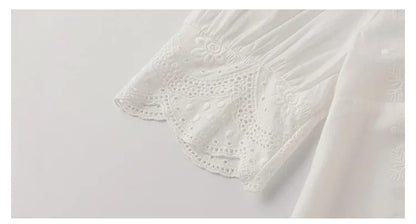 2026 Summer Embroidery Puff Sleeve Linen Cotton Women Blouse Spring Casual White Hollow Out Tops Short Sleeve Shirt
