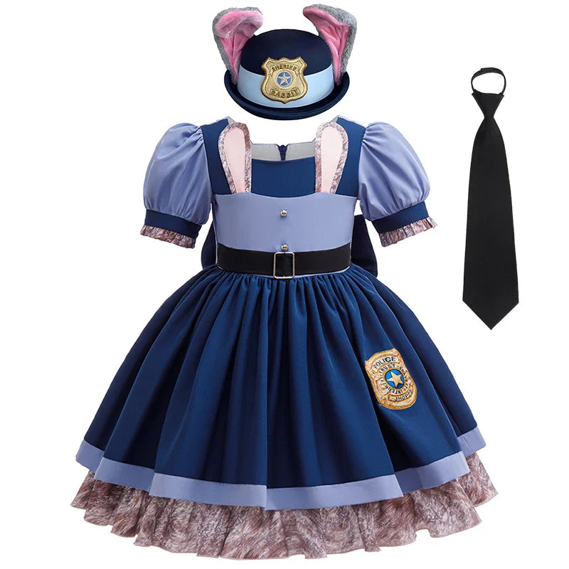 Girls Judy Hopps Police Officer Dress Zootopia Bunny Costume Kids Dress Up Halloween Rabbit Dress Outfits