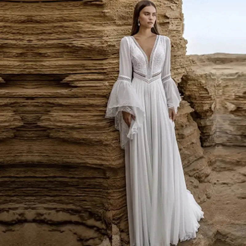Beach Long White Wedding Dress Chiffon Sexy Deep V-Neck Pleat Rlare Sleeves Simple Lace Backless Floor-Length Gown Customized