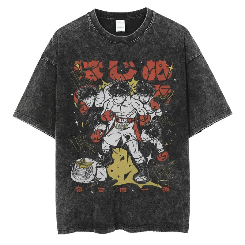 Anime Hajime No Ippo Washed Vintage T-shirt Kamogawa Boxing Gym Harajuku T-shirts Makunouchi Takamura KGB Loose Cotton T Shirt