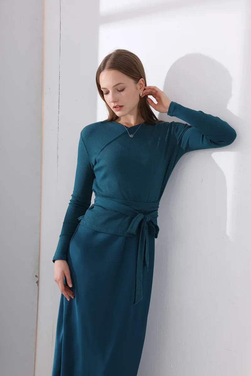 woman clothes thicken ribbing closed-fit wrap tops + Satin Adjustable straps dress (ship out in 1 day)