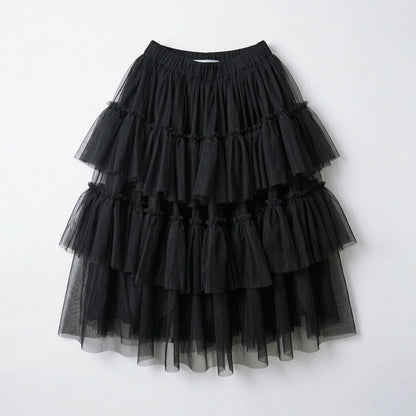 Spring Japanese Mesh High Waist Medium Length A-line Half length Skirt Women's Elastic Forest Black Cake Skirt 265434