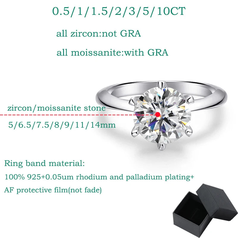 0.5-5CT Certified Moissanite Solitaire Ring for Women D Vvs1 Sparkling Wedding 925 Sterling Silver Lab Diamond Band GRA