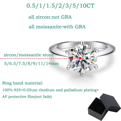 0.5-5CT Certified Moissanite Solitaire Ring for Women D Vvs1 Sparkling Wedding 925 Sterling Silver Lab Diamond Band GRA
