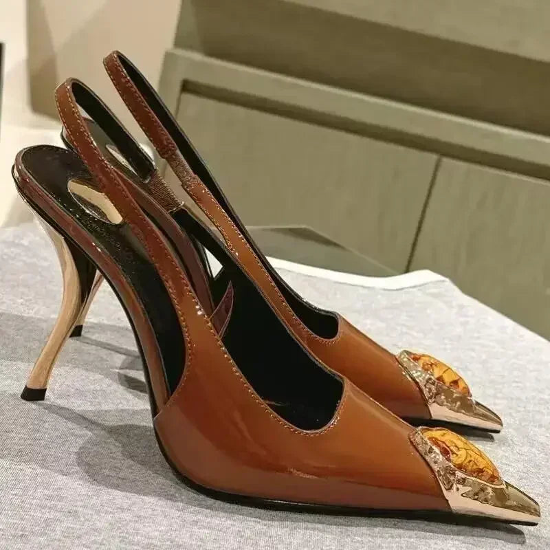 Luxury Metal Jewel Decoration Heels Women 2025 Sexy Pointed Toe Patent Leather Women Pumps Elegant Banquet High Heeled Sandals