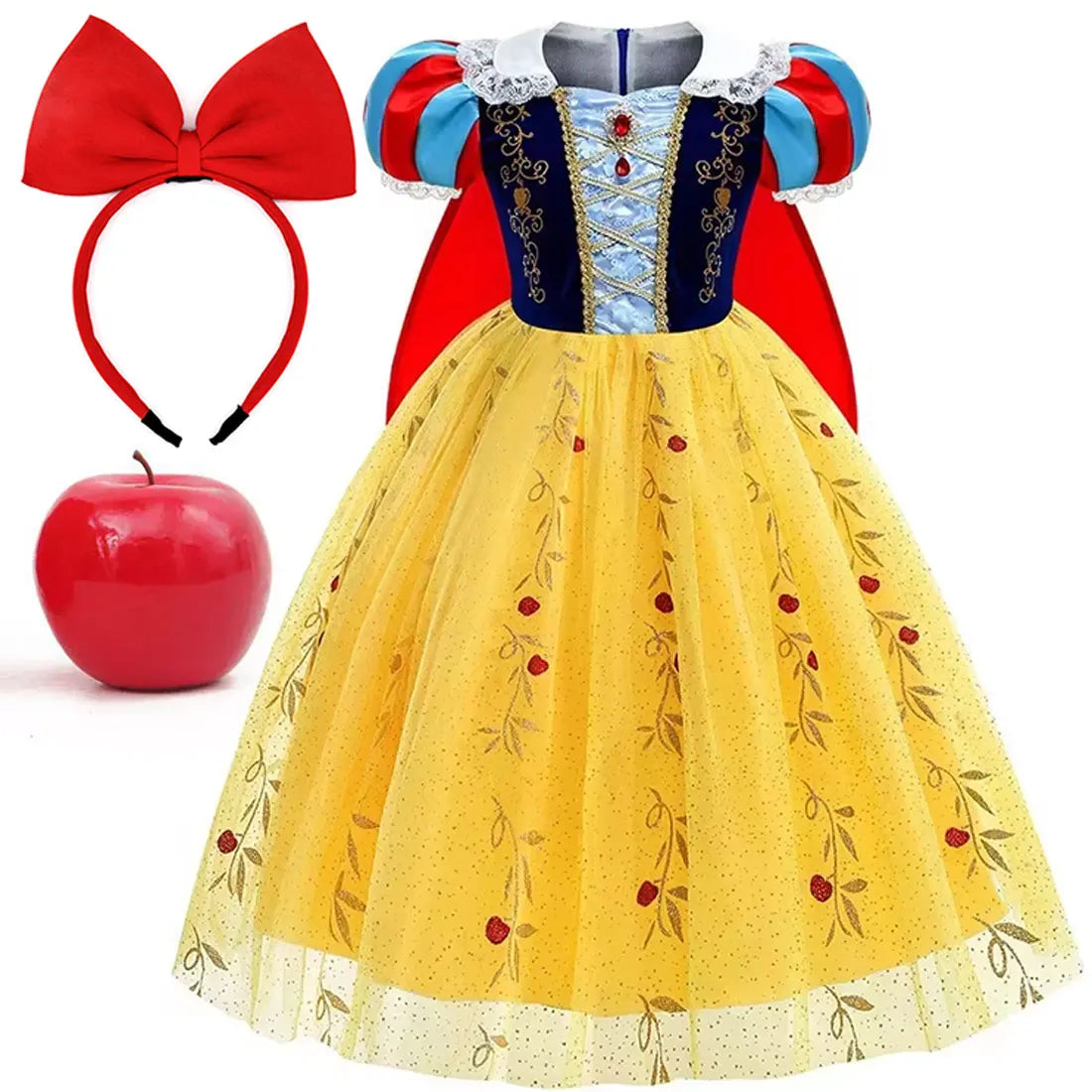 Vestido Laranja Disney Princesa Cosplay de Manga Curta Fofo com Renda para Meninas + Capa + Conjunto de Acessórios Presente de Aniversário