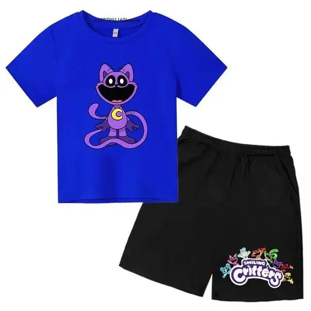 Smiling Critters Cartoon Print Kids Summer Cute 2pcs Soft T-shirts+Pants Suits 2-13Years Boys Girls Casual Sets Children Clothes