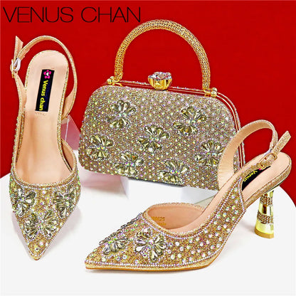 Nigerian Heel Party for Women Pink Color Shoes and Bag Set Rhinestone Handbag Italian Design Wedding INS 2025