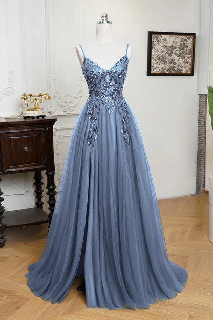 Dusty Blue Soft Shiny Tulle Long Evening Dresses Elegant Appliques Lace Open Back Sexy Prom Formal Party Maxi Gowns
