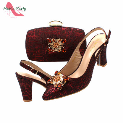 Classics Italian Design Shoes and Bag Set in Orange Color Comfortable Heels Pointed Toe Pumps for Wedding Party
