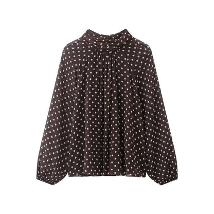 Elegant Women Polka Dot Blouse, Spring Bow Tie Lantern Sleeve Layered Neck Chiffon Shirt, Casual Daily Office Top