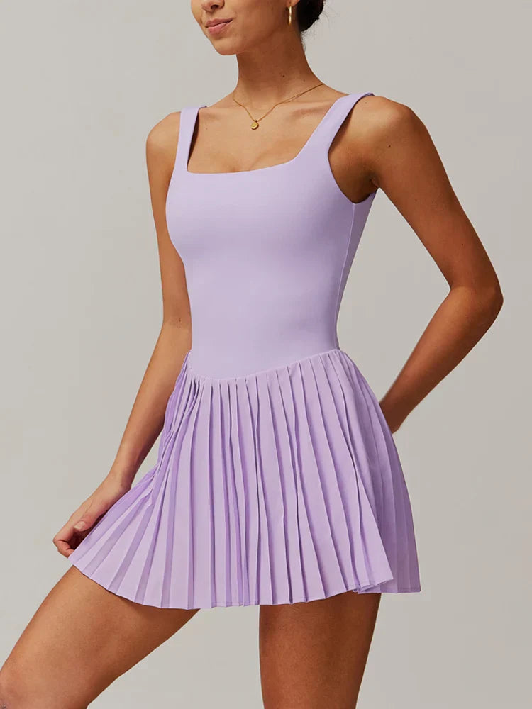 Workout Tennis Dress with Built in Shorts Square Neck Padded Workout Dress with Pockets Golf Athletic Mini Dresses