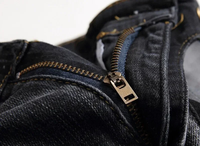 Calça Jeans Masculina Nova Casual Moto Hip Hop Rua Equitação Elástica Slim Reta Patchwork Moda Calças Jeans Masculinas