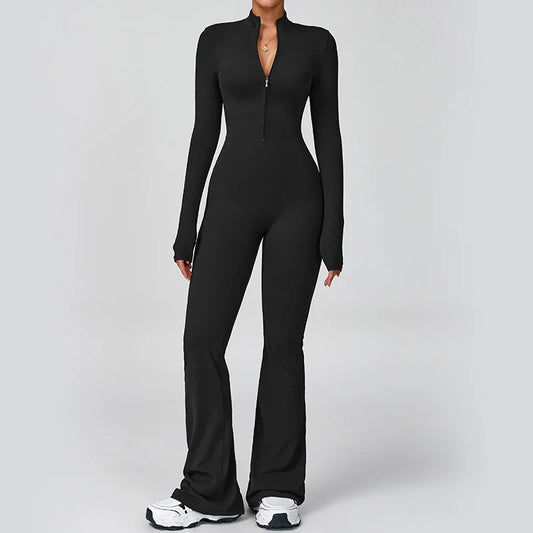VITALINOVO Women Long Sleeve Flare Workout Jumpsuit Zip Up Romper Bottom Pants Wide Leg Full Length Bodysuit Bodycon One Piece