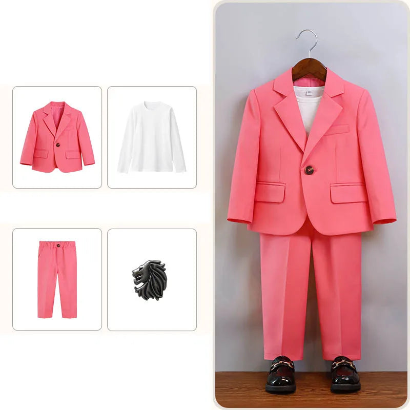 Boys Summer Khaki Pink Photography Suit Gentleman Kids Breathable Jacket Pants Ceremony Costume Children Silm Fit Wedding Dress