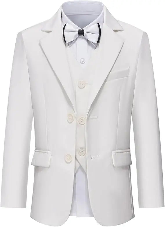 Gentleman Kids White Baptism Photograph Suit Children Slim Jacket Vest Pants Bowtie 4P Piano Dress Boys Prom Performance Costume