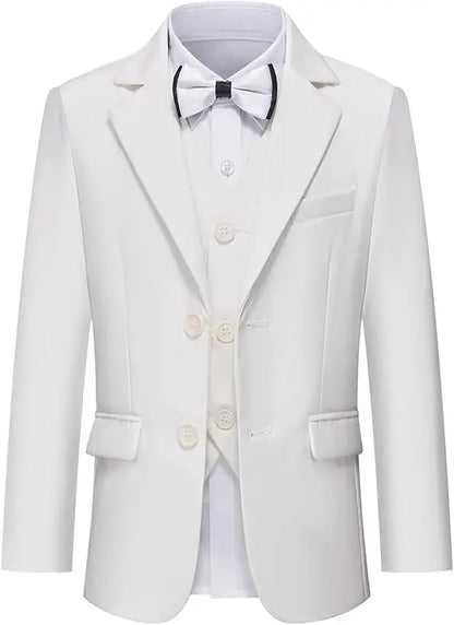 Gentleman Kids White Baptism Photograph Suit Children Slim Jacket Vest Pants Bowtie 4P Piano Dress Boys Prom Performance Costume