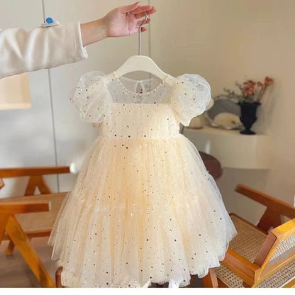 Summer Dresses Girls' Elegant Dress Girl Baby Bubble Sleeve Mesh Sequin Dress Temperament Princess Party Short Sleeve Dress
