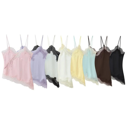 Lace Patchwork Short Camisole Stain Tops For Women Sexy Backless Tops Summer Sleeveless Women Straps Beach Top Female