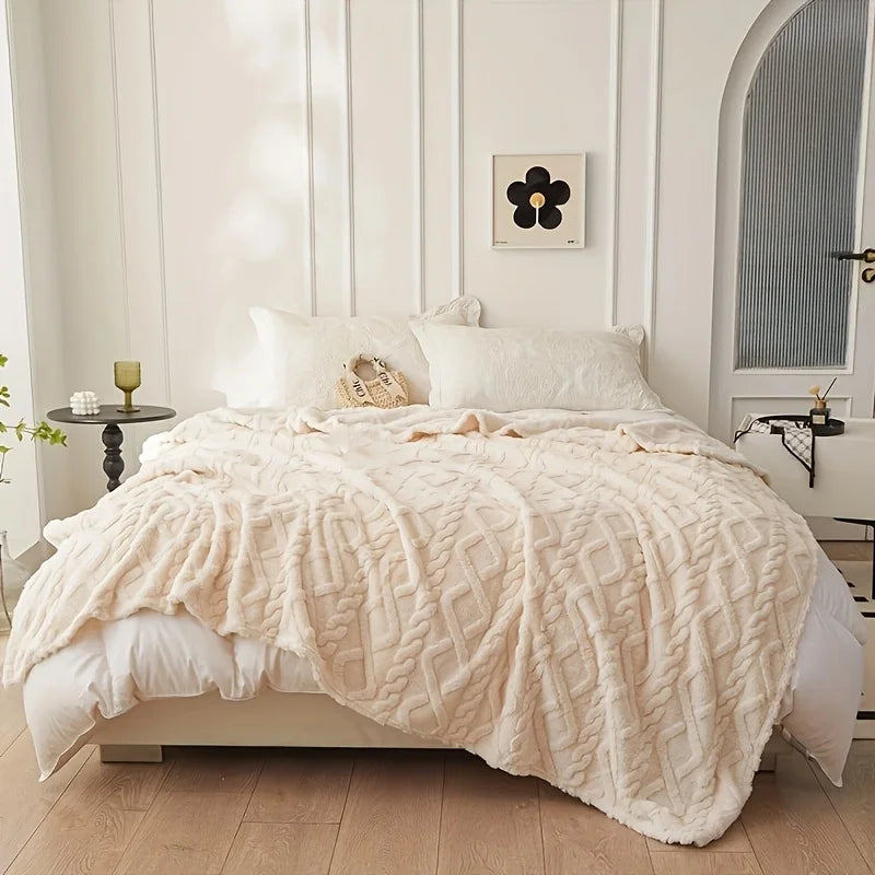 Luxury Plush Fleece Blanket, Ultra Soft Warm Light Beige Throw for Bed & Couch, Cozy French Style Bedding, Machine Washable