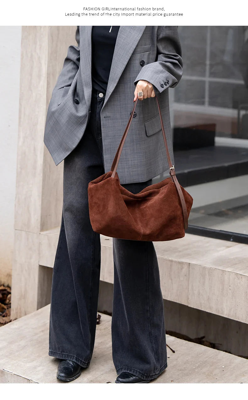 Women's Natural Nuede Genuine Leather Handbags Ladies large capacity Tote Bag Female Design Luxury Commuting Yoga Bag  hobo bag
