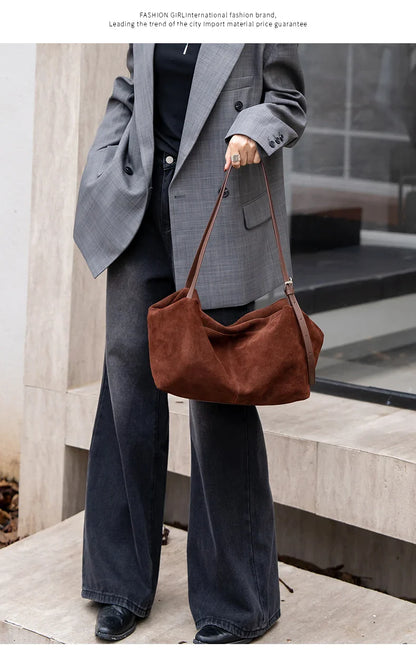 Women's Natural Nuede Genuine Leather Handbags Ladies large capacity Tote Bag Female Design Luxury Commuting Yoga Bag  hobo bag
