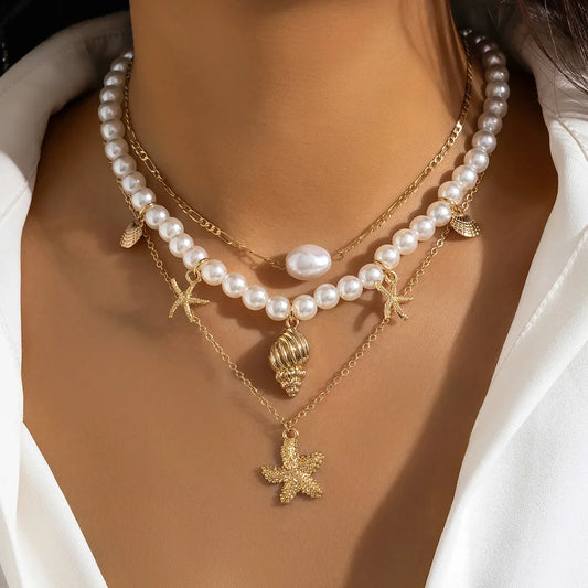 Gold Color Starfish Shape Pendant Necklace Imitation Pearl Beads Choker for Women Vintage Jewelry Collar Party Girls