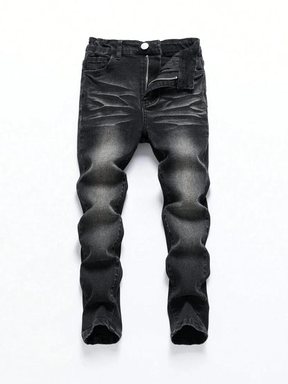 1 Piece of Men's Four-Season Snowflake Washed Fashion Jeans, Stretch Slim Fit Light Gray Dark Black Casual Denim Pants, Normcore and Fashionable, Suitable for Everyday Wear