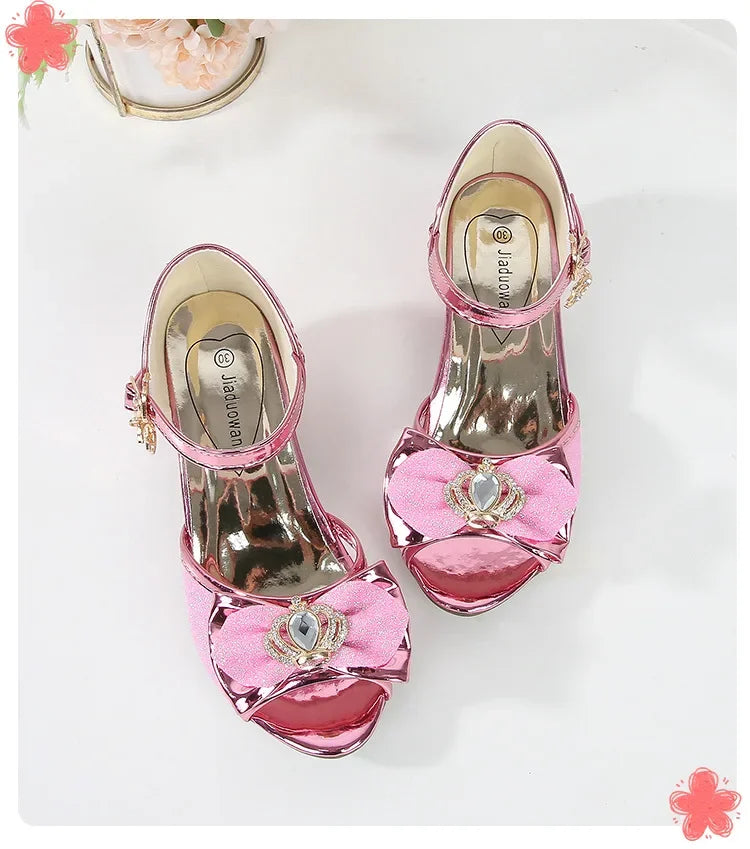 New Girl's High Heel Shoes for Kids Party Wedding Fashion Princess Causal Dress Shoes Sequins Versatile Children's Crown Sandals